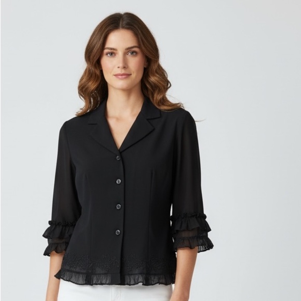 Plaza South Petite black dressy blouse 8P. Lined sheer sleeves button down.